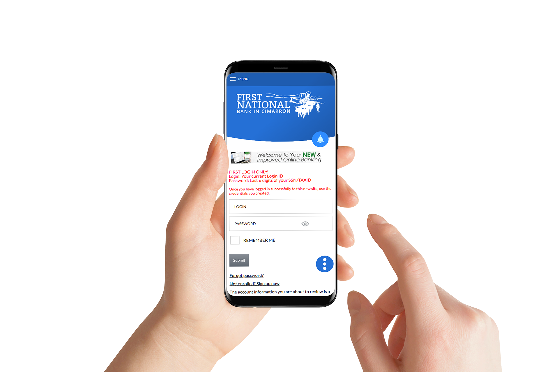 hands holding a smart phone with FNB Cimarron's app pulled up